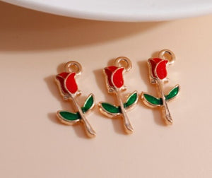 Enamel Rose Flower Charms - Gold Plated