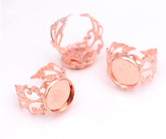 12mm Filigree Cabochon Rings Blanks in Rose Gold
