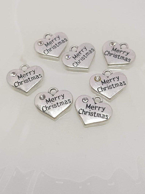 Silver Christmas Heart Charms with a Single Rhinestone