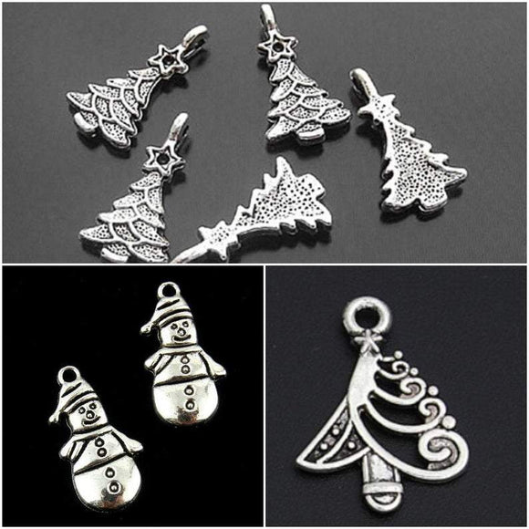 Silver Christmas Tree Charms and  Snowmen Charms