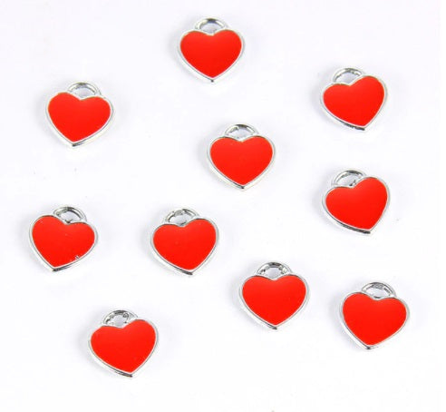 Silver Plated Red Enamel Heart Charms 8mm