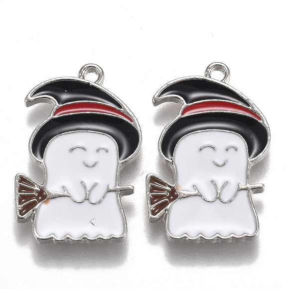 Silver Plated White Enamel Ghost and Broom Charms