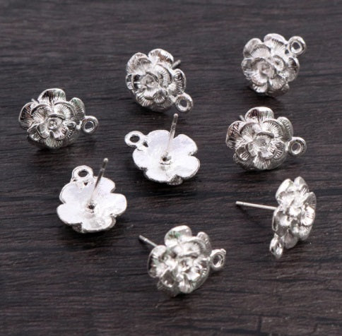 Silver or Gold Flower Stud Earrings With Loops