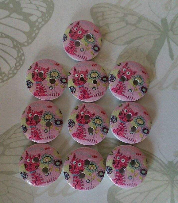 Wooden Cat Buttons, Pink, 15mm
